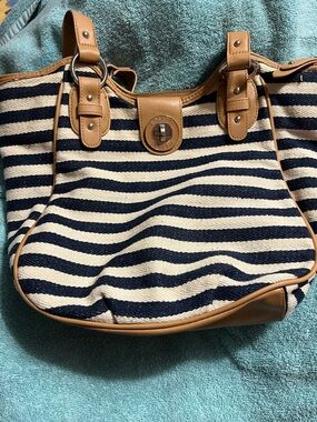 Rosetti Navy and Cream Striped Tote with Tan Trim
